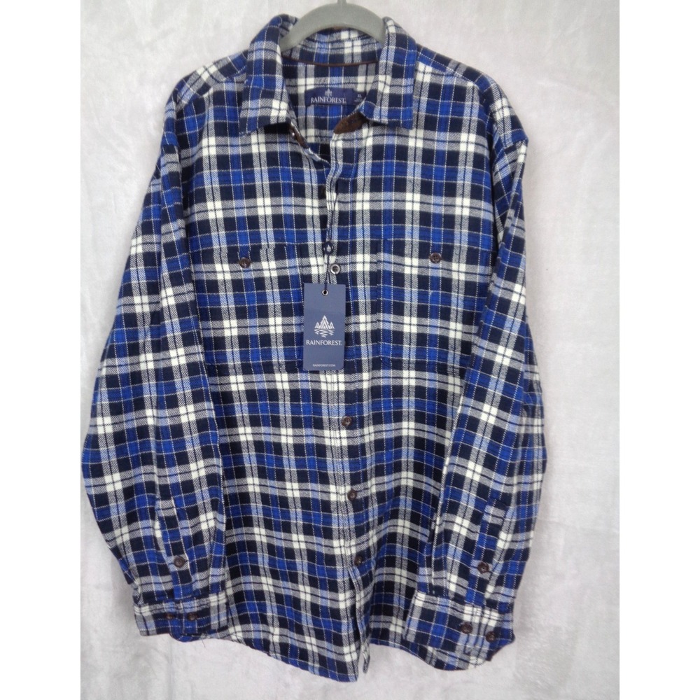 Rainforest Heavyweight‎ Flannel Plaid Shirt Mens Size XL Blue Long Sleeve Button